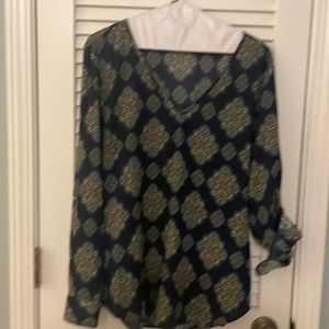 Ann Taylor medium blue and green v-neck paisley blouse.